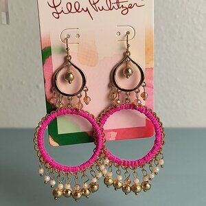 Lilly Pulitzer Exotic Bohemian Chandelier Earrings Hot Pink Gold Tone Exquisite